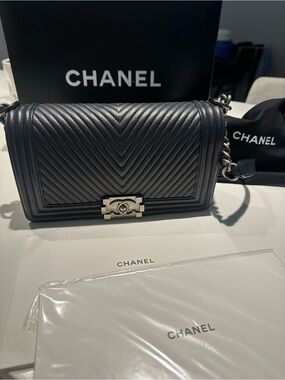 CHANEL Black Chevron Small Boy Shoulder Bag with Silver Hardware
